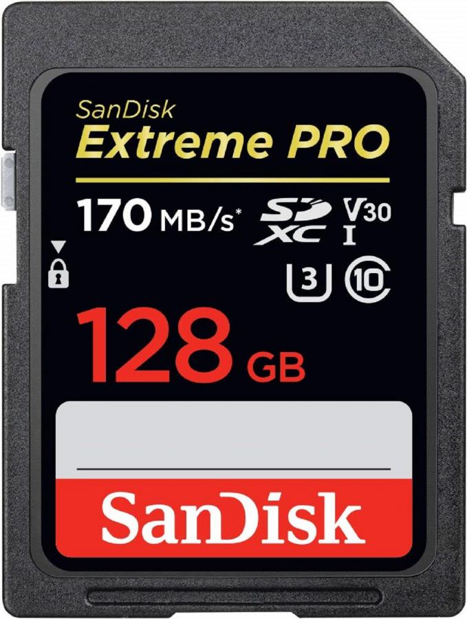 SanDisk SDXC Extreme PRO 128GB Class 10, UHS-I U3 V30 - R: 170MB/s, W: 90MB/s